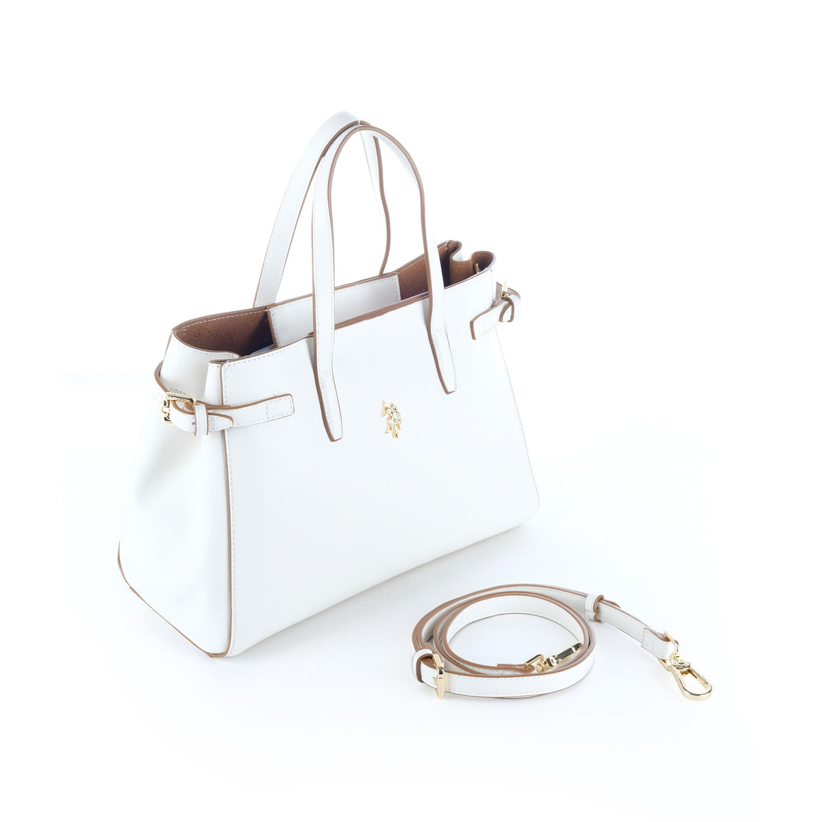 Bolsa Satchel U.S. Polo Assn. Branca com Logótipo Dourado e Alça
