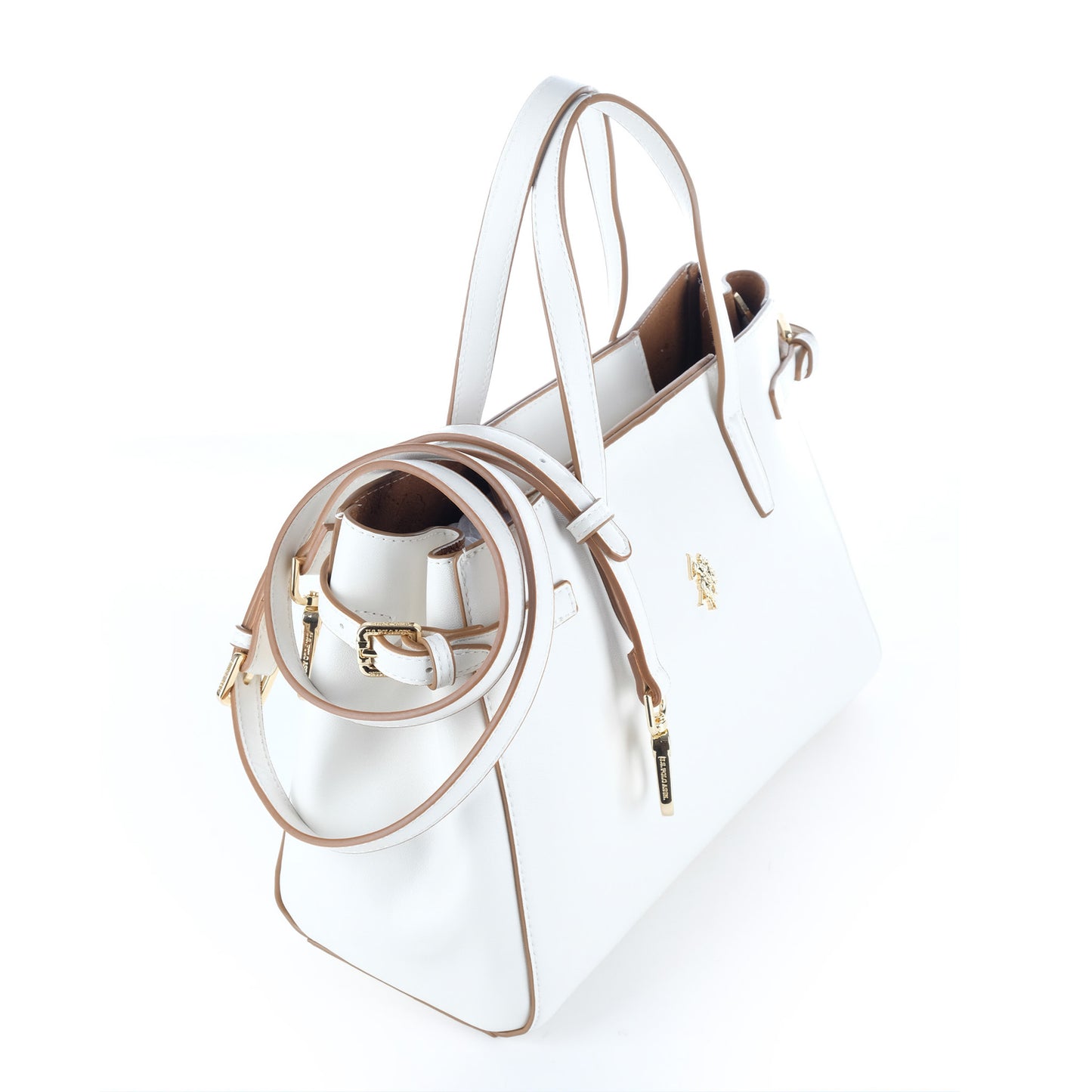 Bolsa Satchel U.S. Polo Assn. Branca com Logótipo Dourado e Alça