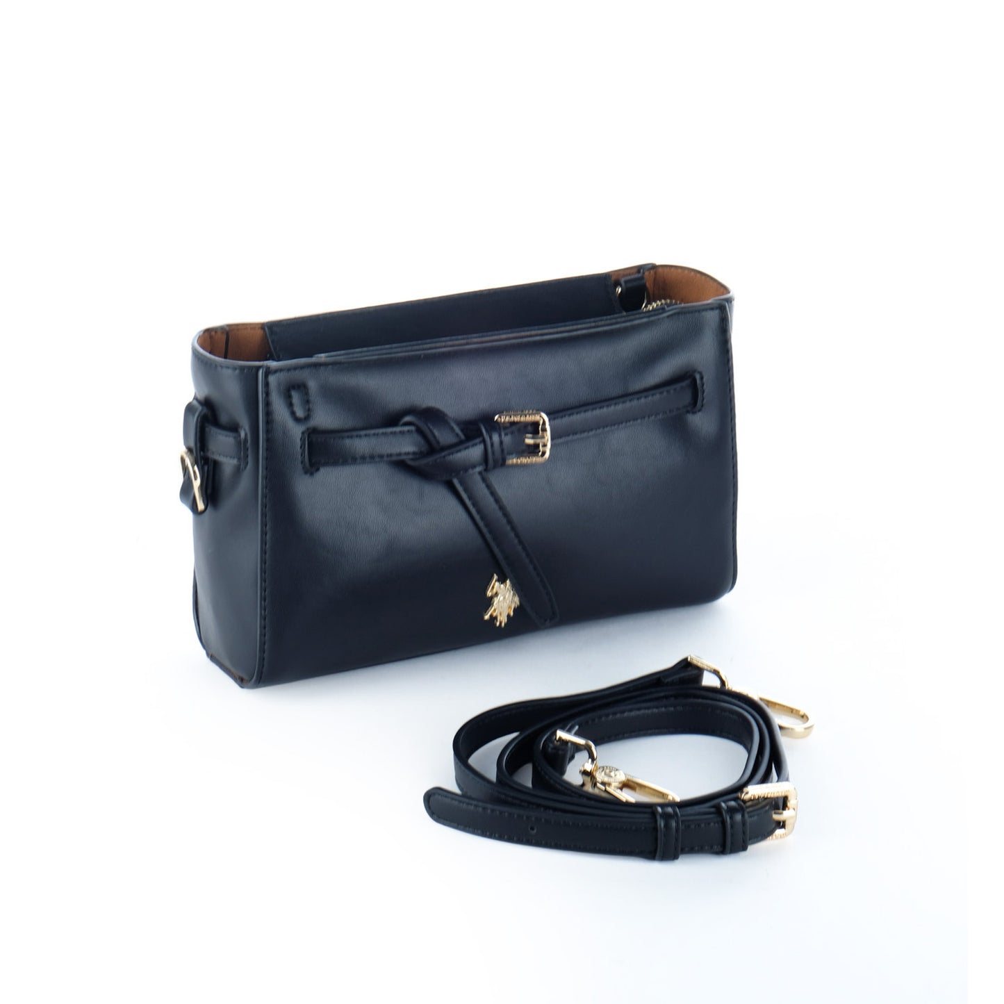 Bolsa Tiracolo U.S. Polo Assn. Preta com Fivela Frontal e Detalhes Dourados