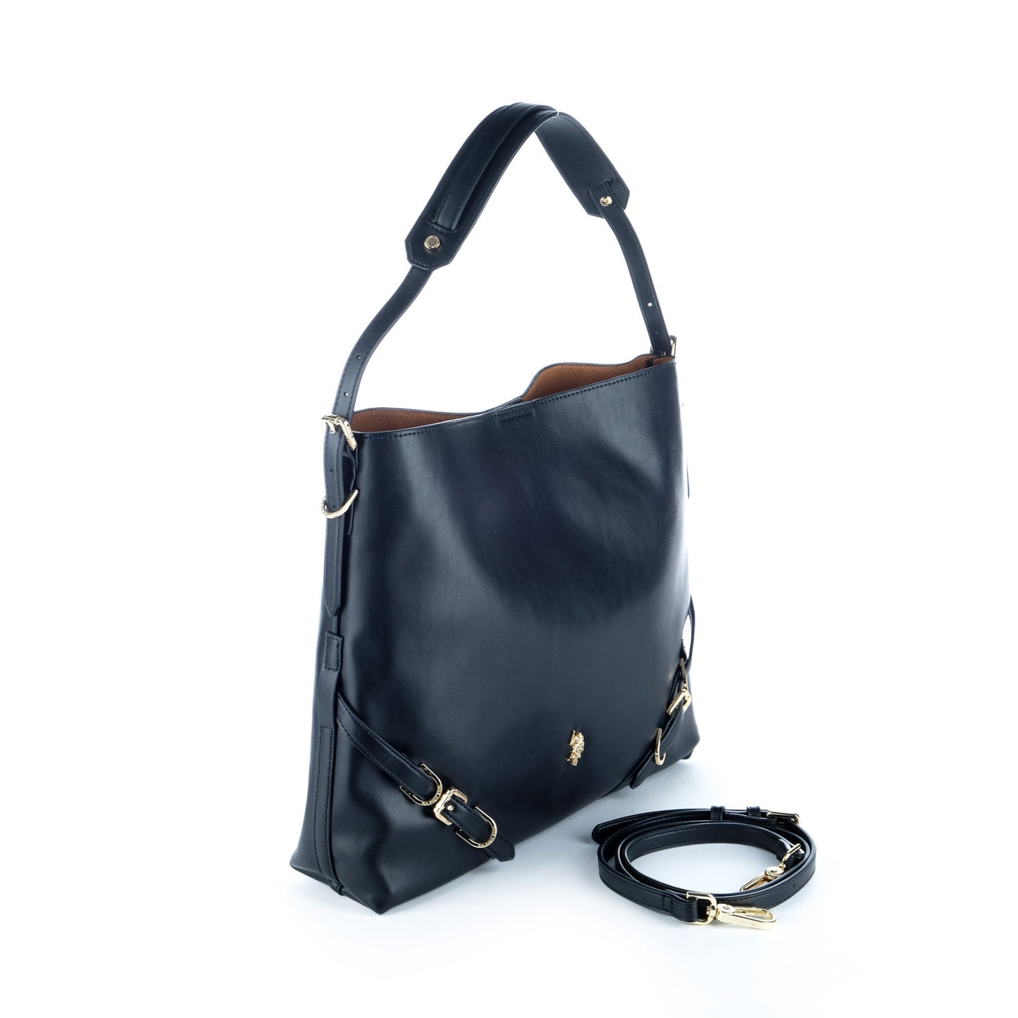 Bolsa de Ombro U.S. Polo Assn. Preta com Fivelas e Logótipo Dourado