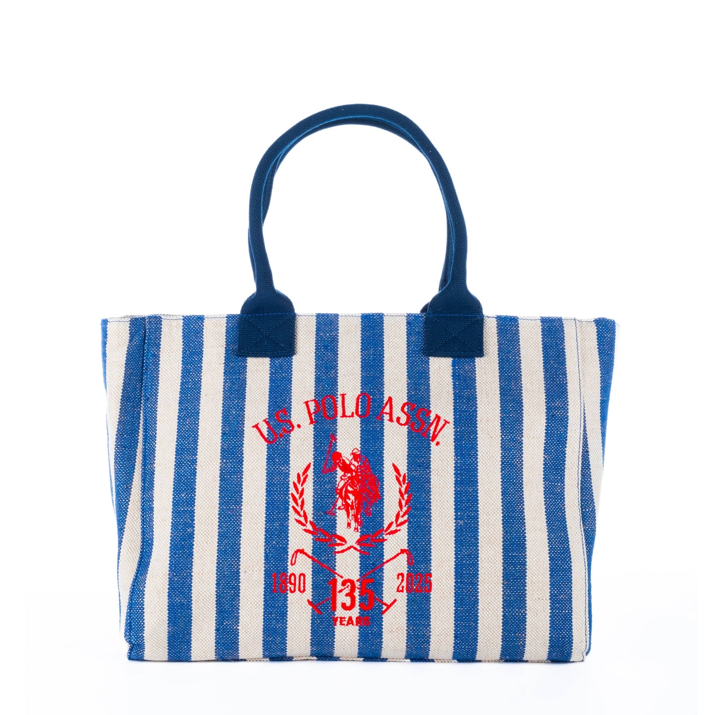 Bolsa Tote Feminina US Polo Listrada Azul e Bege com Logo