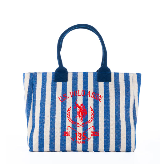 Bolsa Tote Feminina US Polo Listrada Azul e Bege com Logo