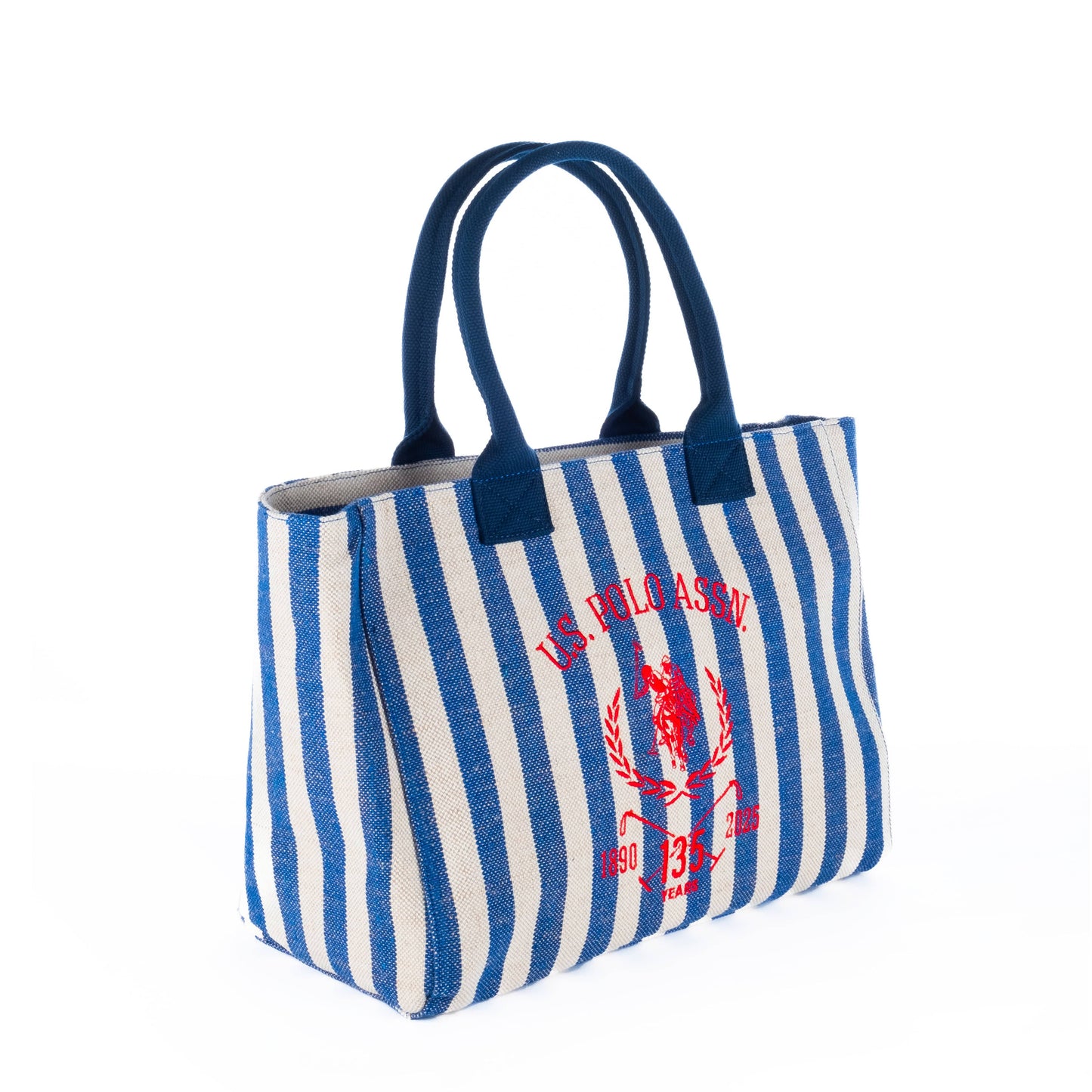 Bolsa Tote Feminina US Polo Listrada Azul e Bege com Logo