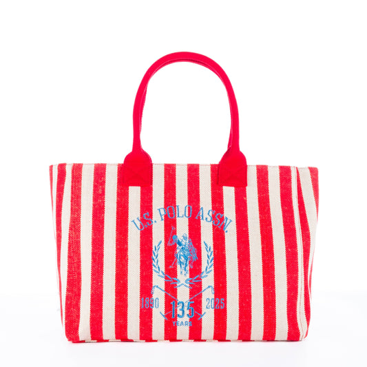 Bolsa Tote Feminina US Polo Listrada Vermelha e Branca