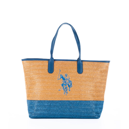 Bolsa Tote Feminina US Polo Azul e Palha com Detalhe de Logotipo
