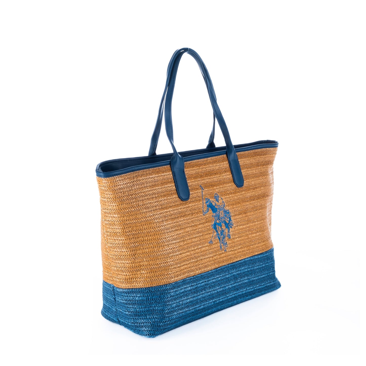 Bolsa Tote Feminina US Polo Azul e Palha com Detalhe de Logotipo