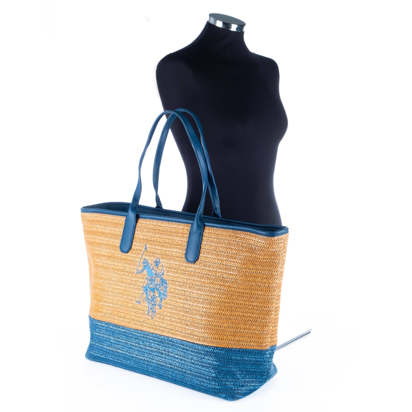 Bolsa Tote Feminina US Polo Azul e Palha com Detalhe de Logotipo