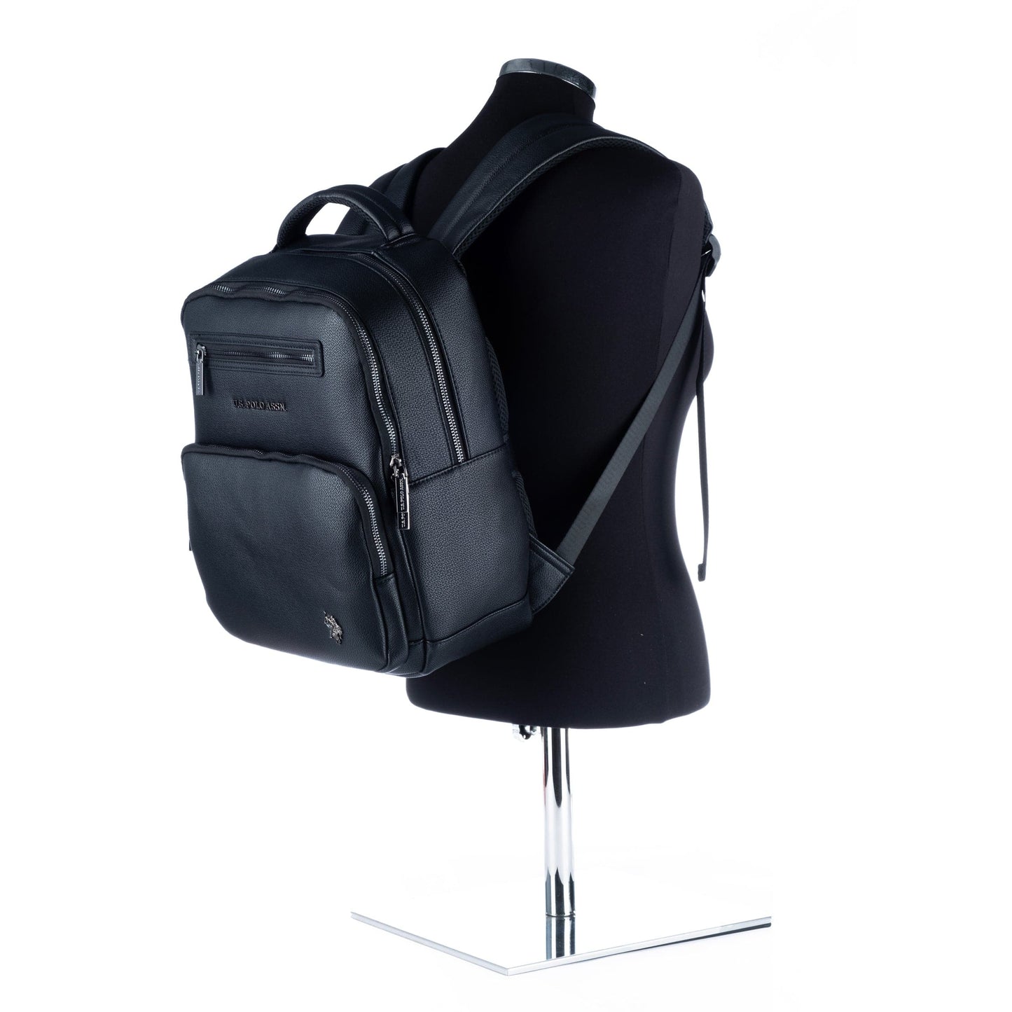Mochila Unisexo US Polo Preta com Bolso Frontal e Logótipo Metálico