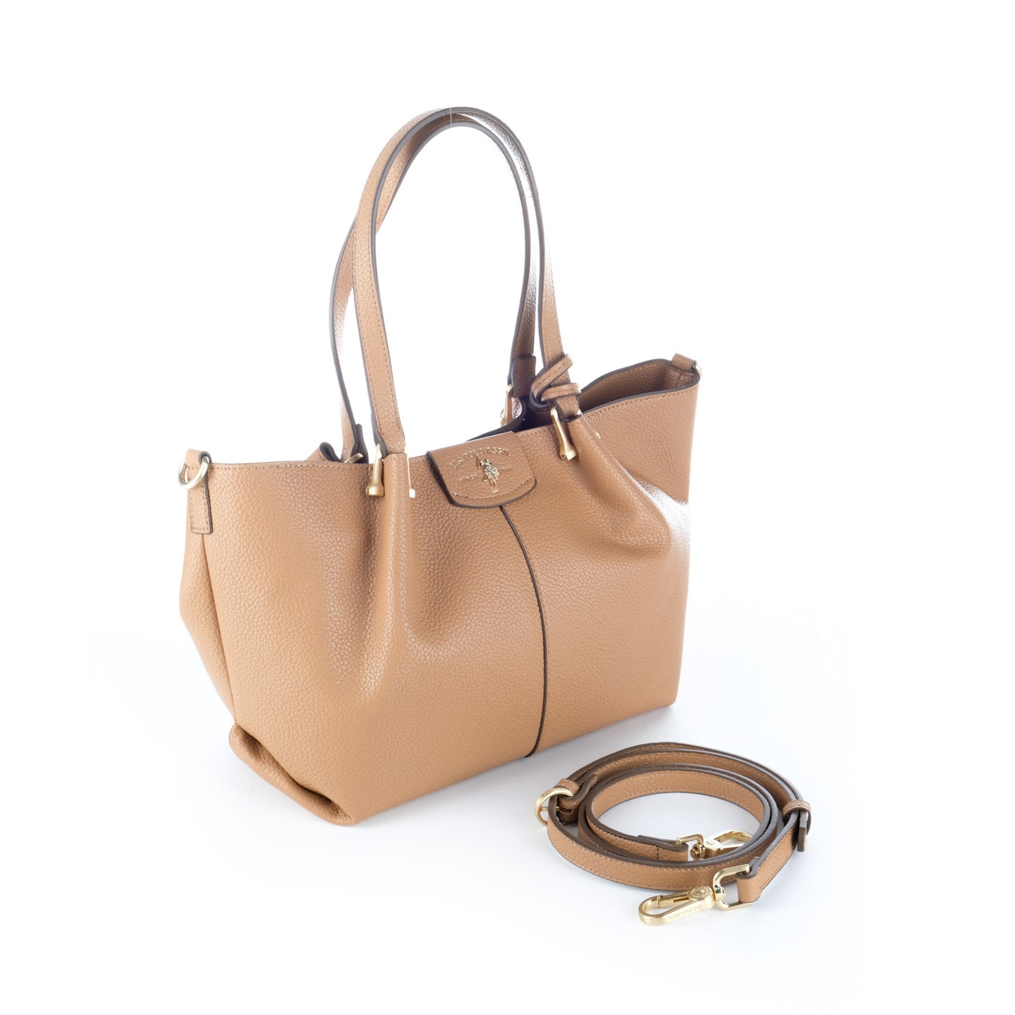 Bolsa Tote U.S. Polo Assn. Castanha com Textura Granulada e Detalhes Dourados