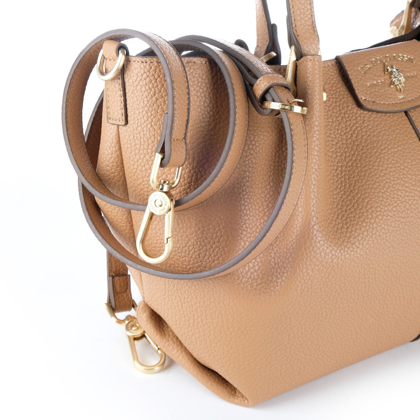 Bolsa Tote U.S. Polo Assn. Castanha com Textura Granulada e Detalhes Dourados