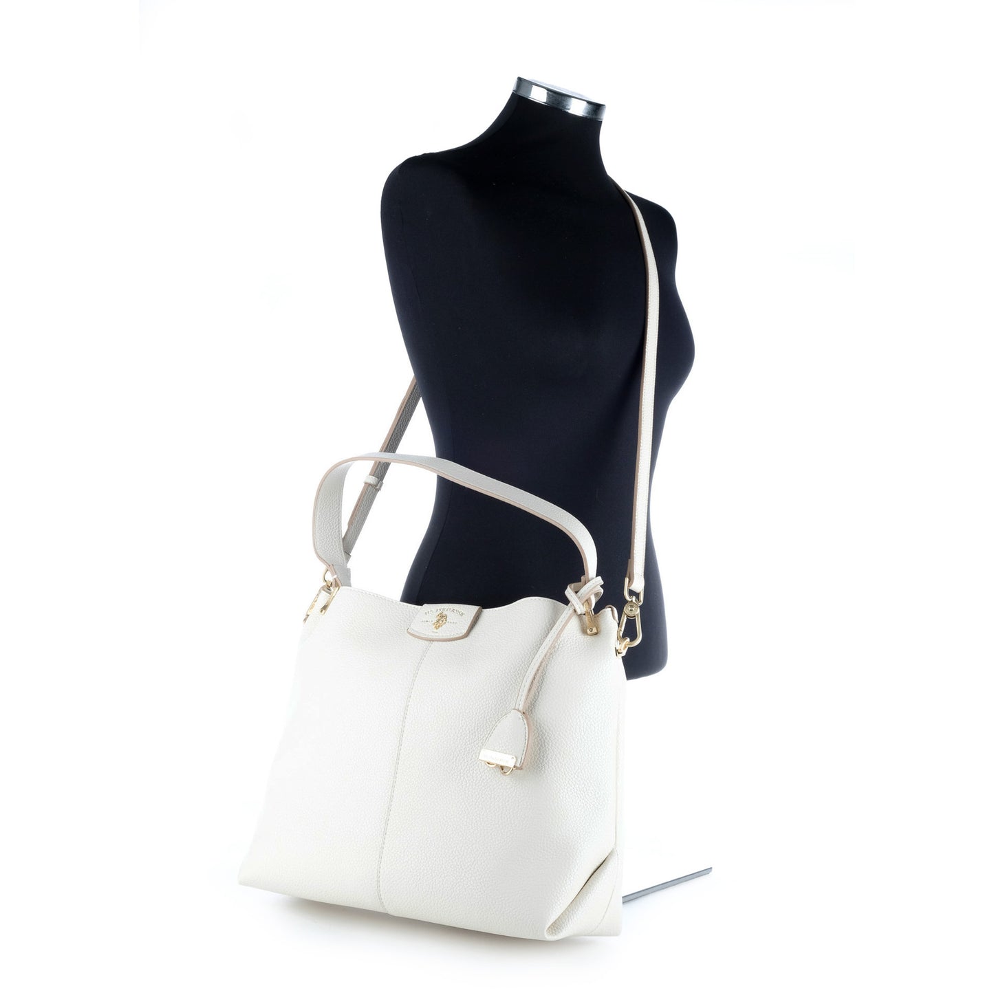Bolsa de Ombro U.S. Polo Assn. Branca com Textura Granulada e Detalhes Dourados