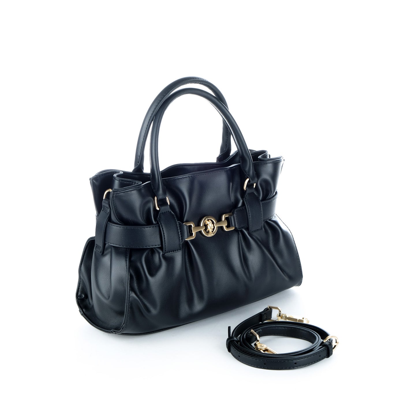 Bolsa Satchel U.S. Polo Assn. Preta com Fecho Dourado e Duas Asas