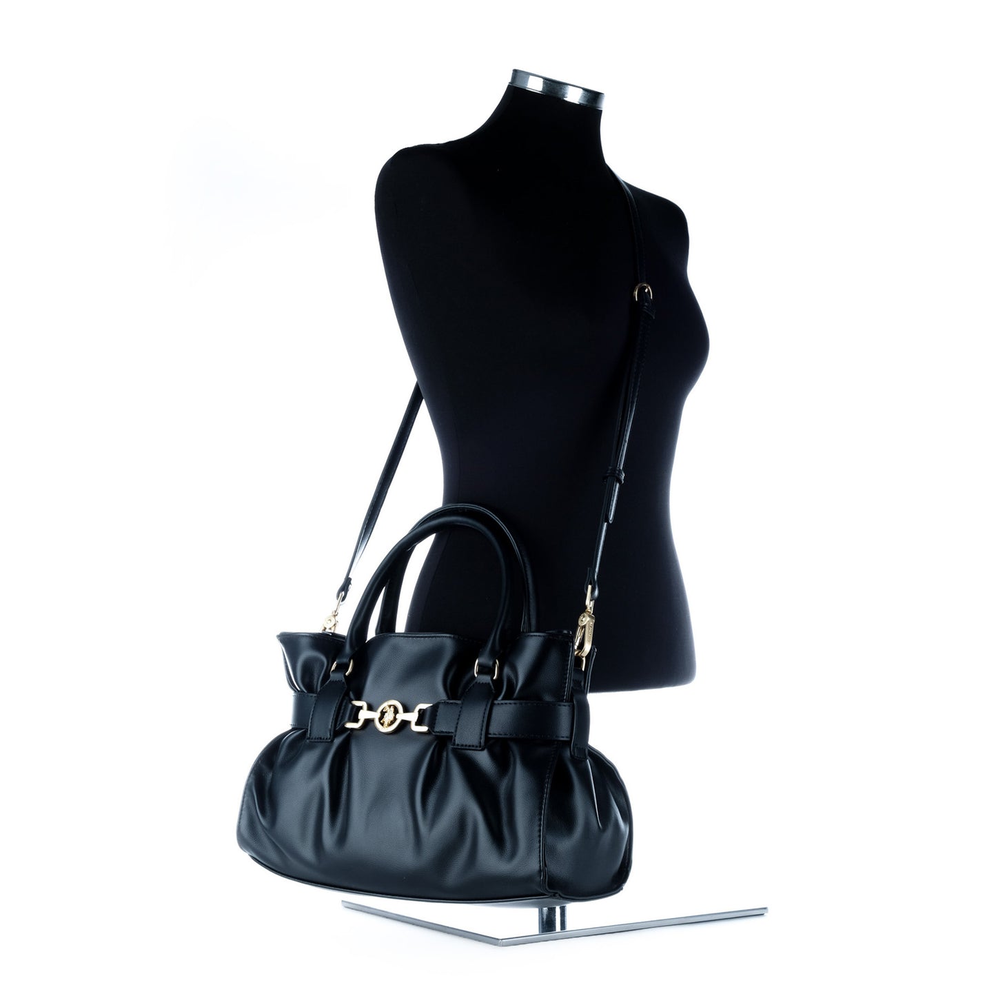 Bolsa Satchel U.S. Polo Assn. Preta com Fecho Dourado e Duas Asas
