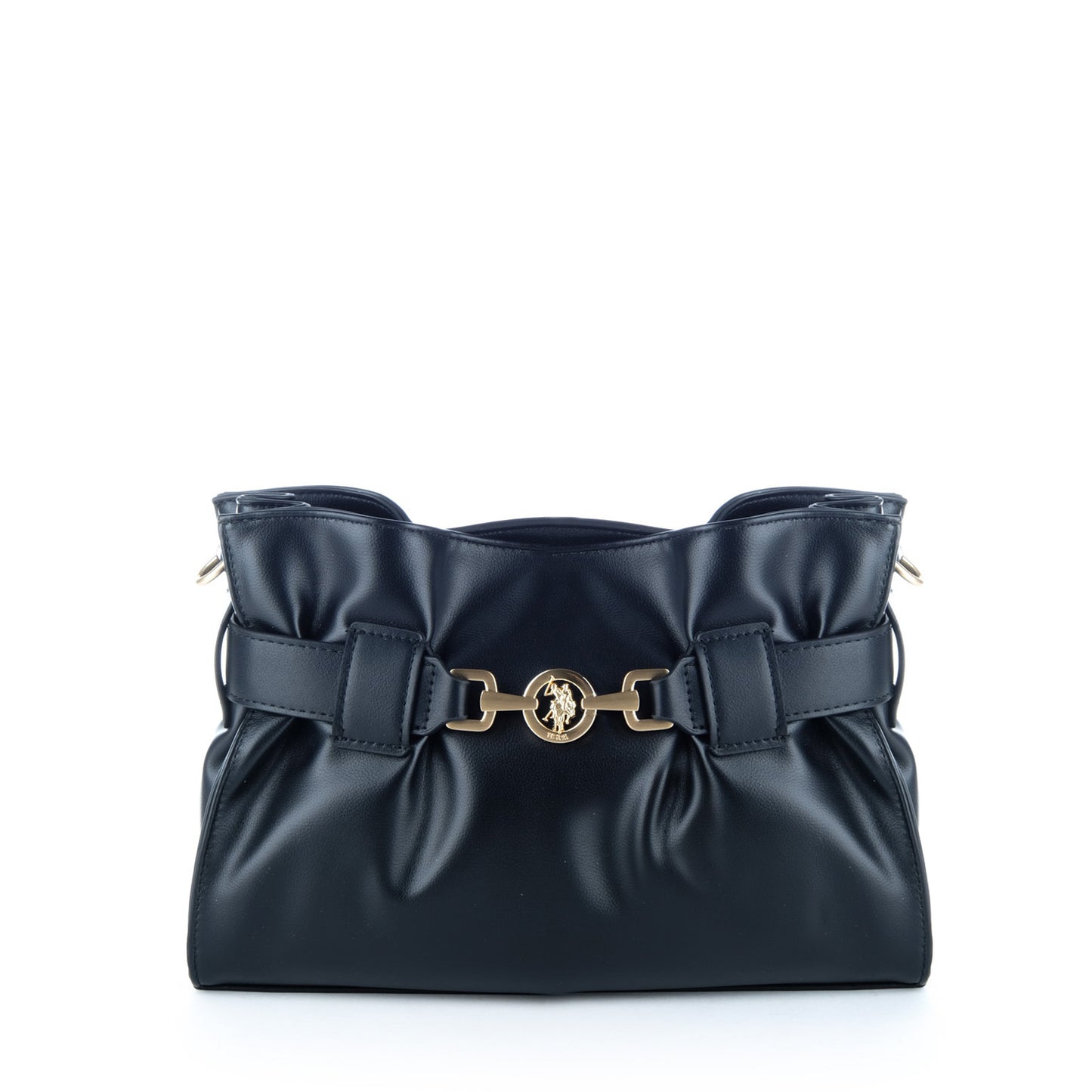 Bolsa Tiracolo U.S. Polo Assn. Preta com Pregas e Detalhes Dourados