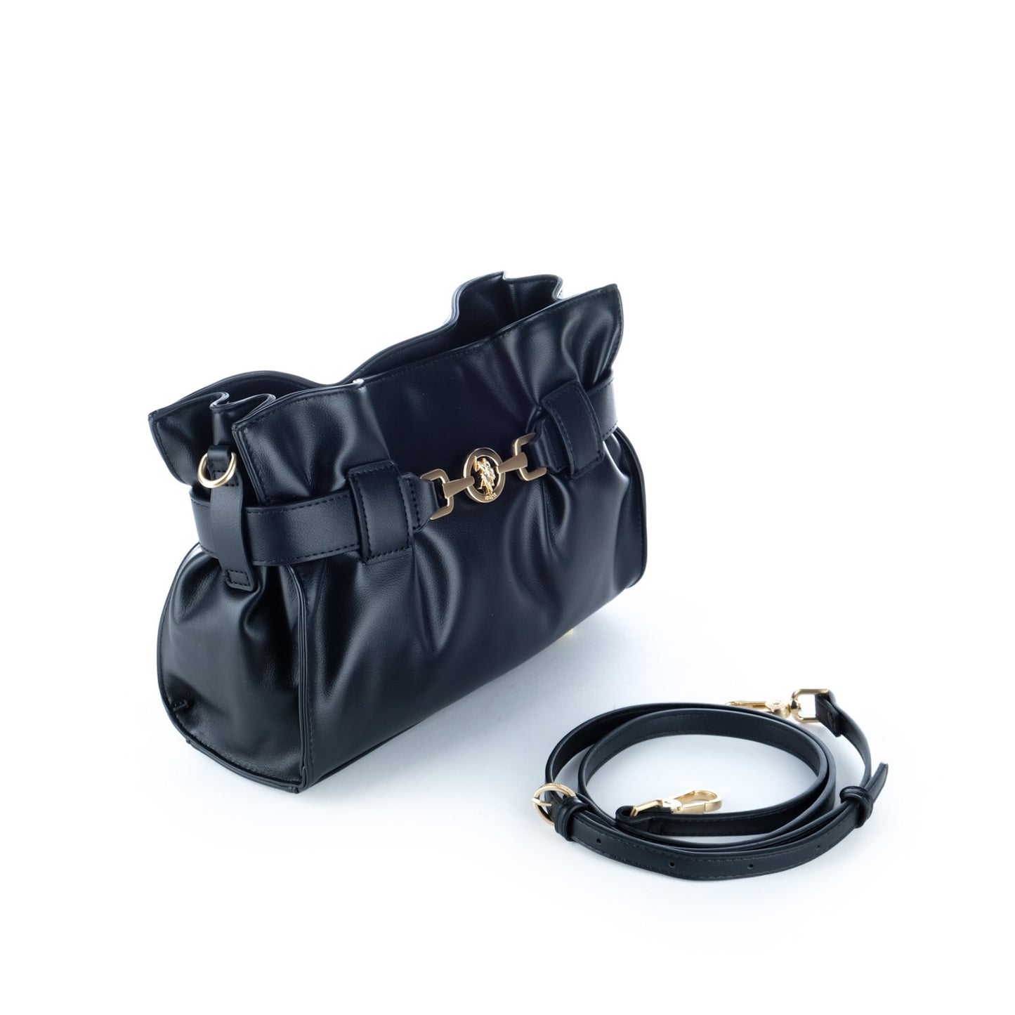 Bolsa Tiracolo U.S. Polo Assn. Preta com Pregas e Detalhes Dourados