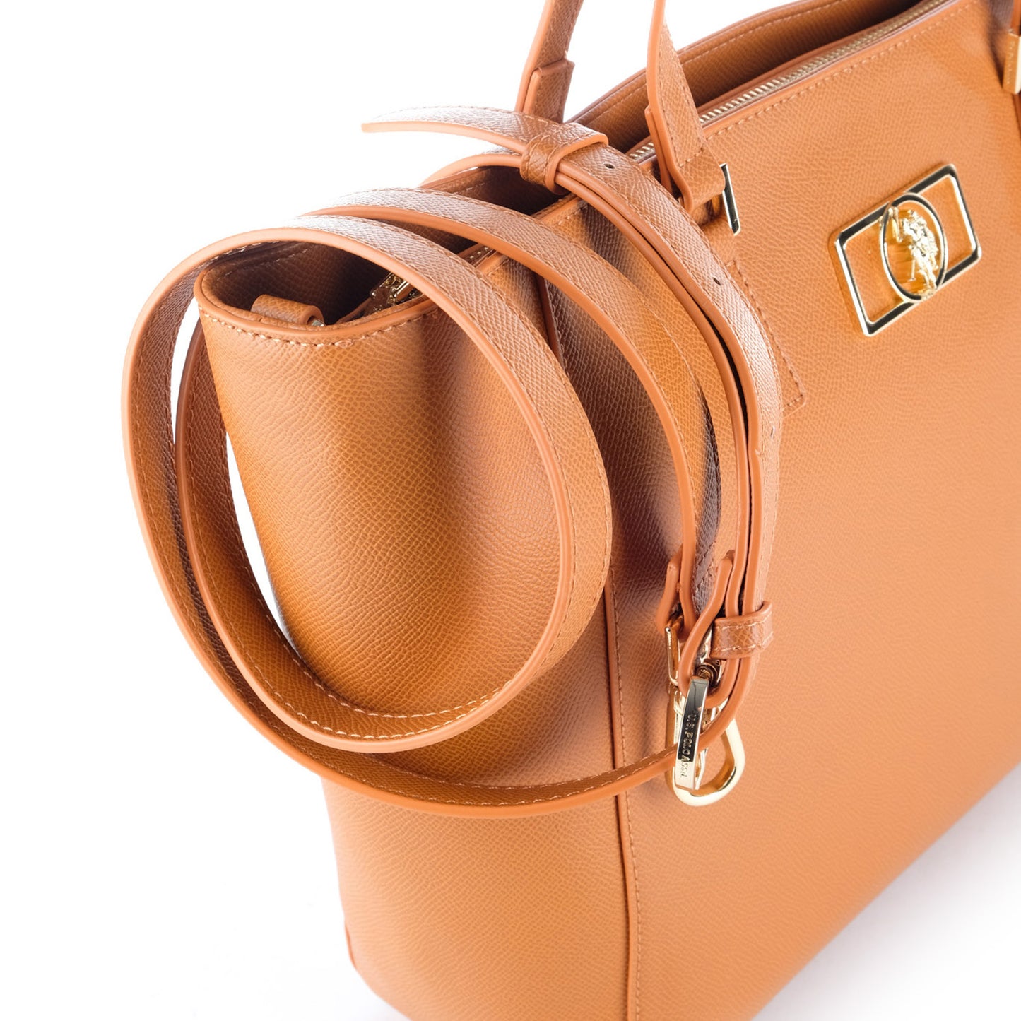 Bolsa Tote U.S. Polo Assn. Camel com Logótipo Metálico Dourado