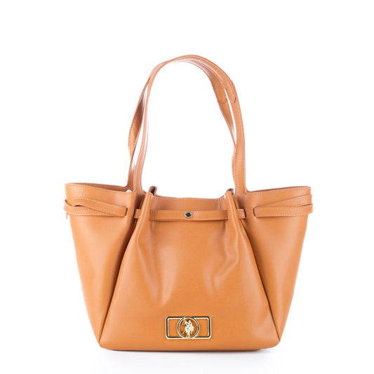 Bolsa Tote U.S. Polo Assn. Camel com Logótipo Metálico Dourado