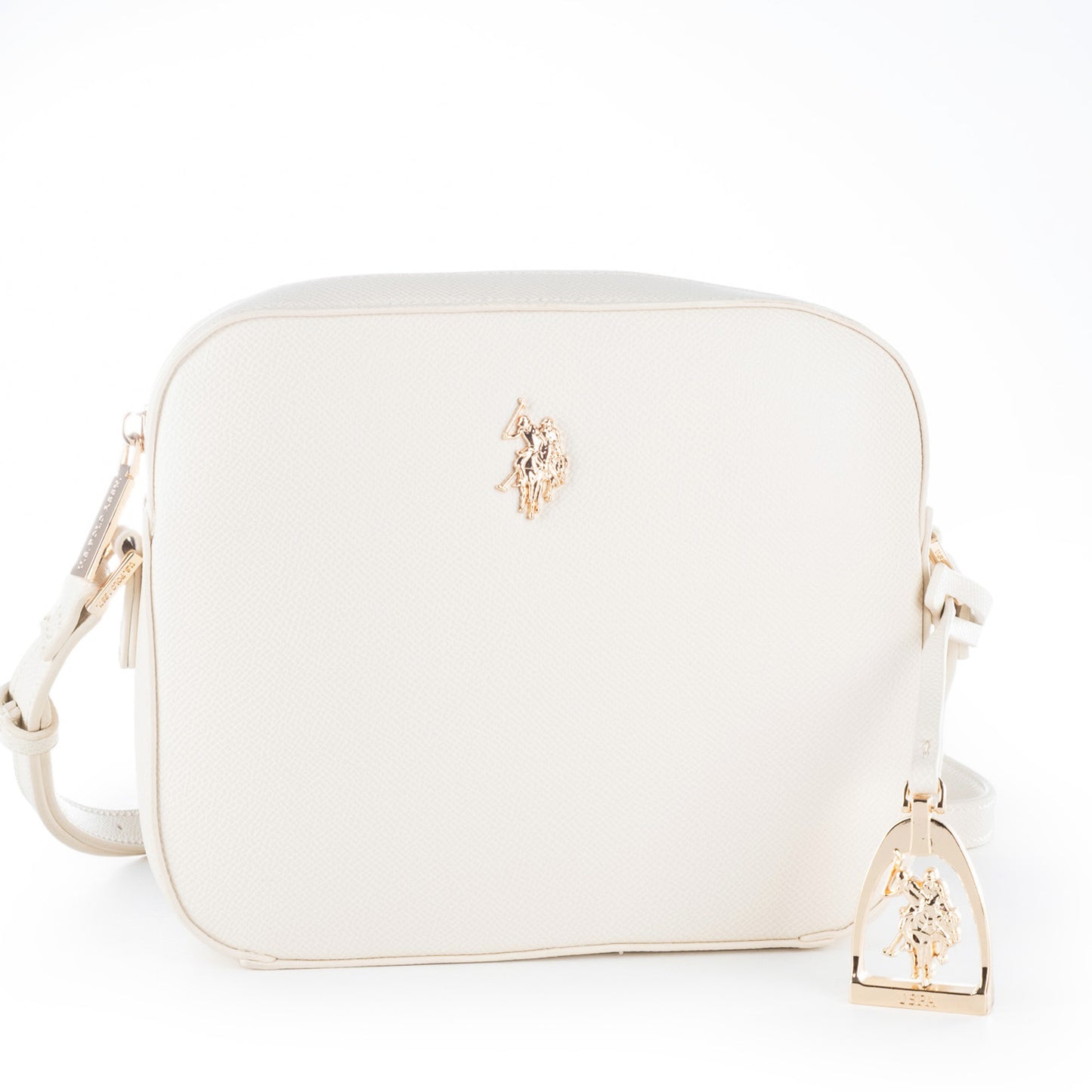 Bolsa Tiracolo U.S. Polo Assn. Branca com Logótipo Dourado e Pendente Decorativo