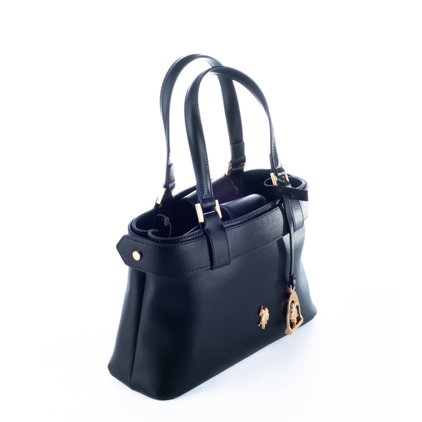 Bolsa Satchel Feminina US Polo Preta com Detalhes Dourados