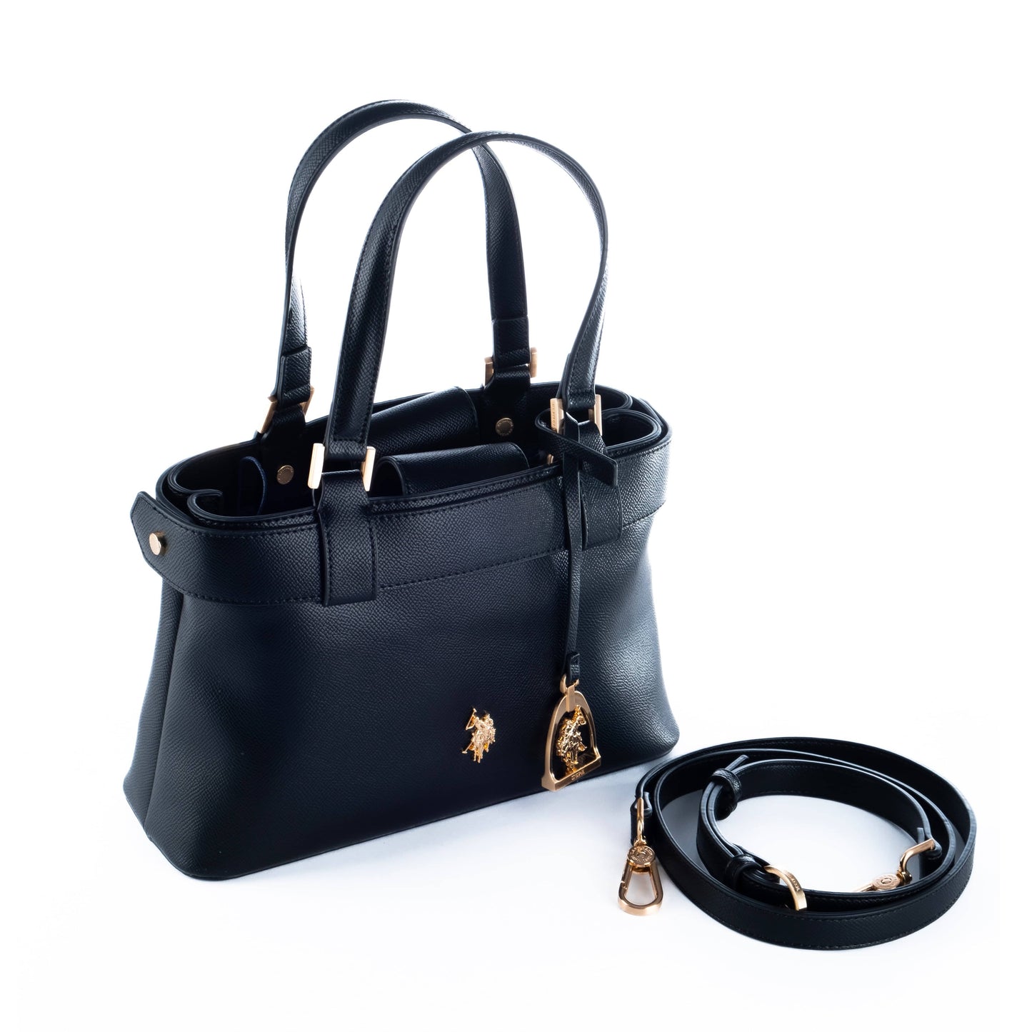 Bolsa Satchel Feminina US Polo Preta com Detalhes Dourados