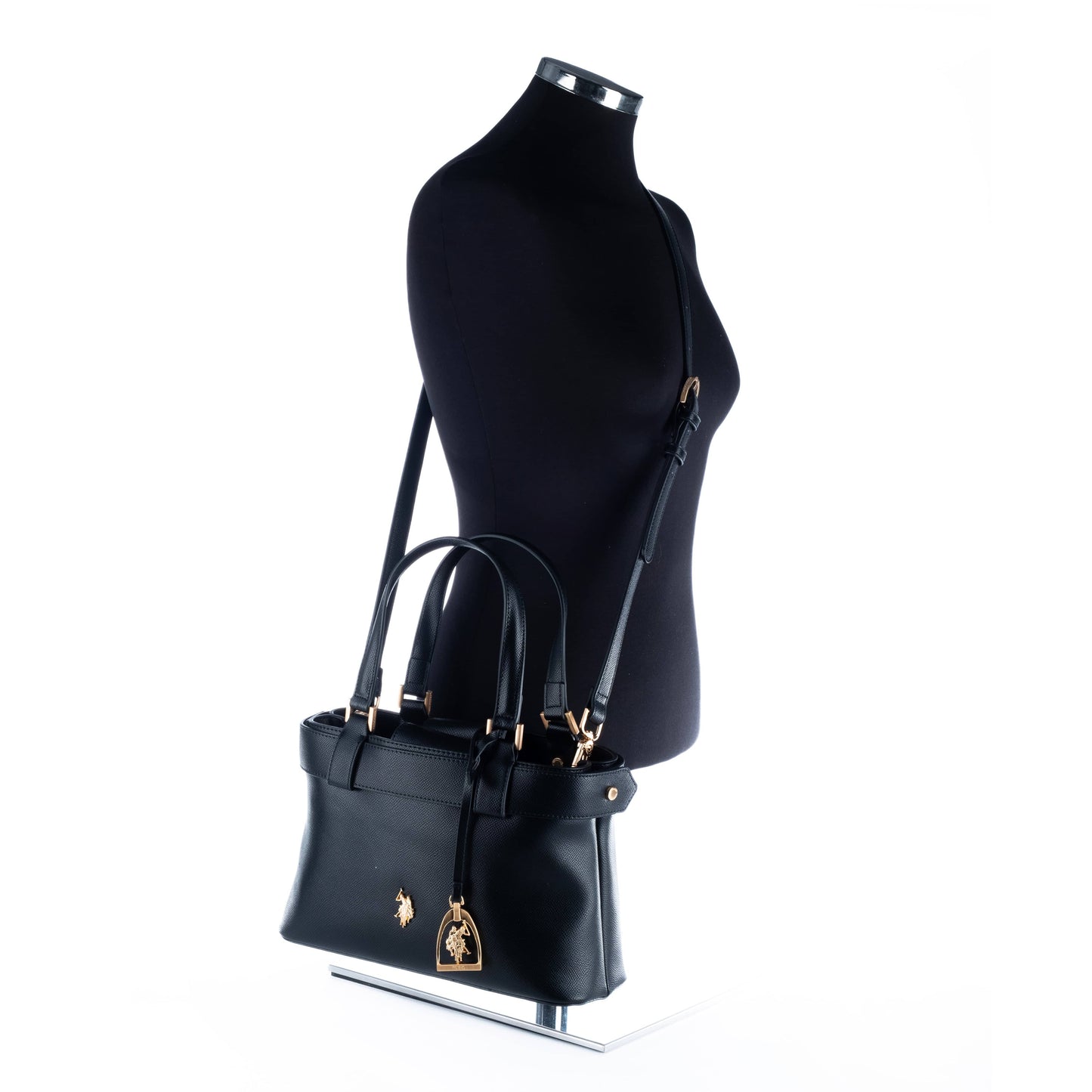 Bolsa Satchel Feminina US Polo Preta com Detalhes Dourados