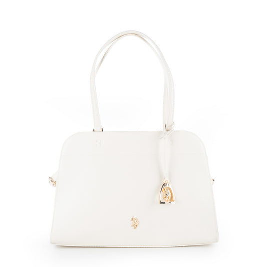 Bolsa Satchel U.S. Polo Assn. Branca com Logótipo Dourado e Pendente Decorativo