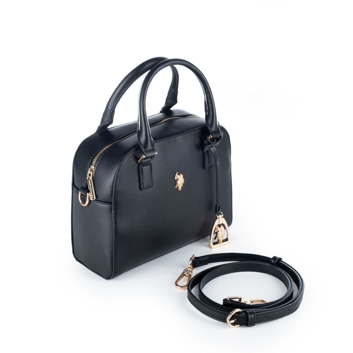 Bolsa Satchel U.S. Polo Assn. Preta com Alças e Detalhes Dourados