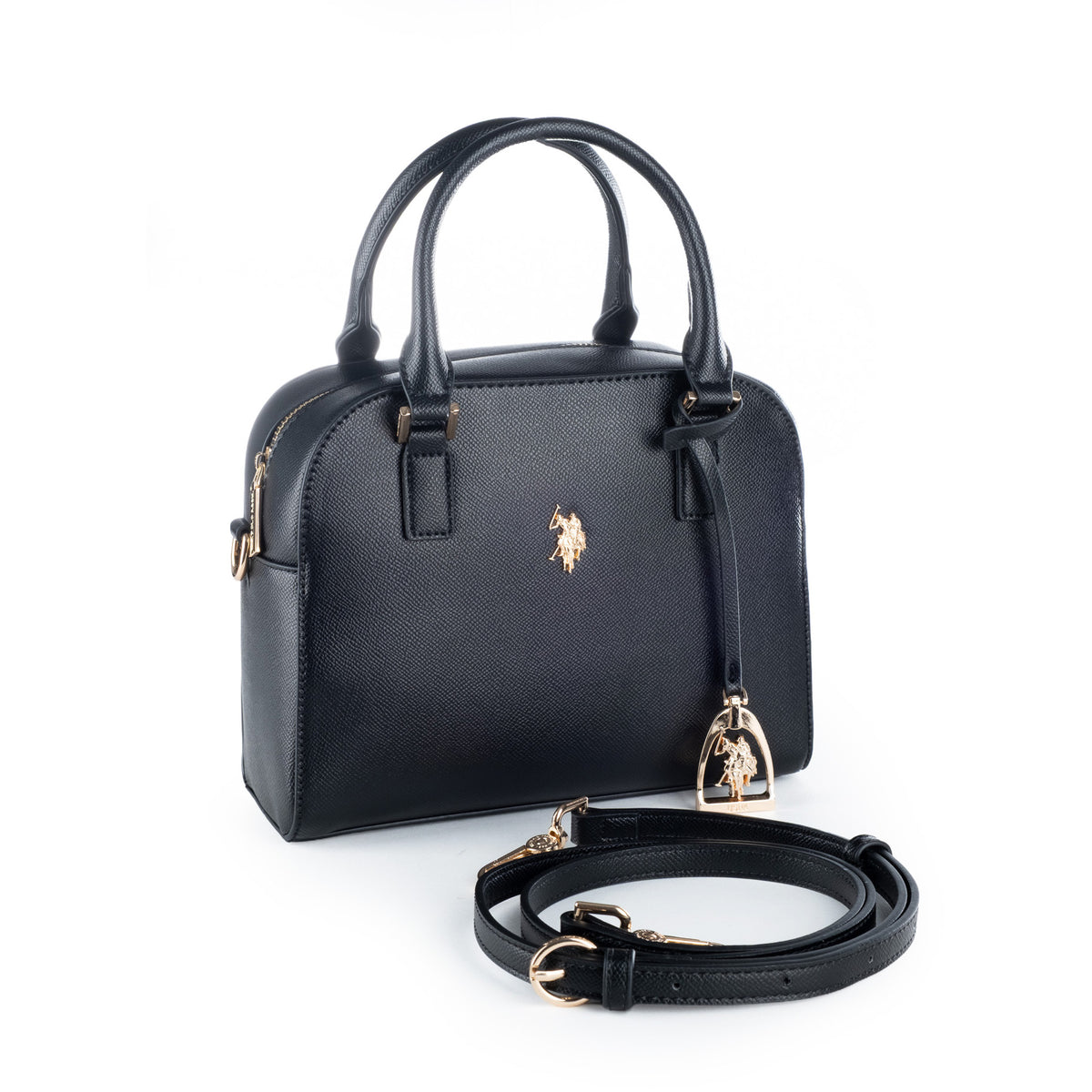 Bolsa Satchel U.S. Polo Assn. Preta com Alças e Detalhes Dourados