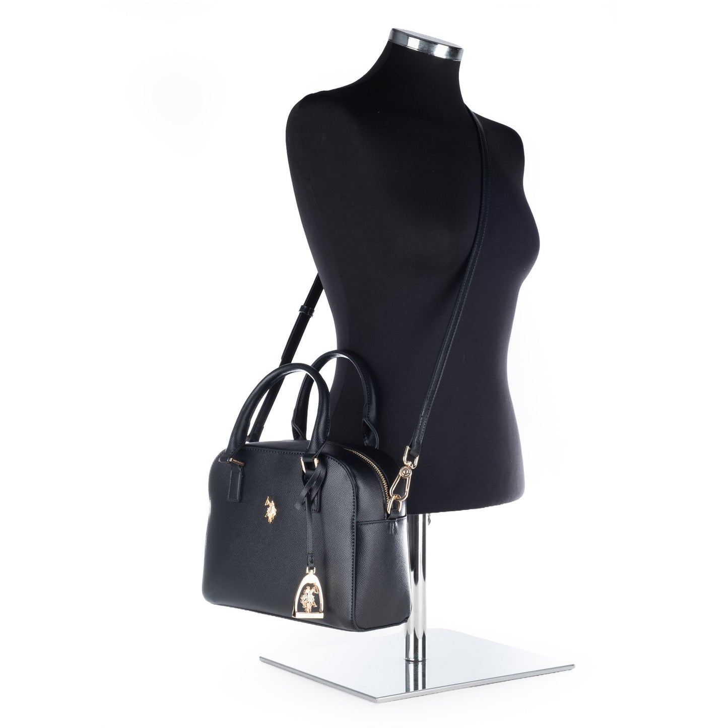 Bolsa Satchel U.S. Polo Assn. Preta com Alças e Detalhes Dourados