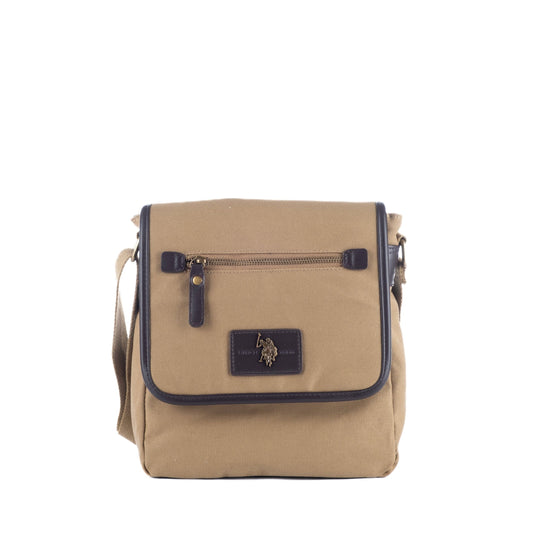 Bolsa Tiracolo de Homem US Polo em Tecido Bege com Aba e Bolso Frontal