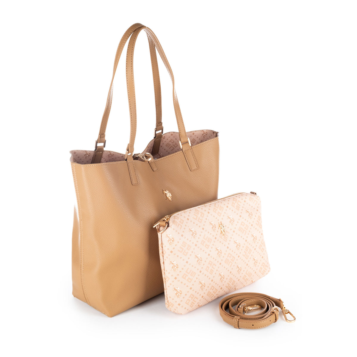 Bolsa Tote U.S. Polo Assn. Castanha com Bolsa Interior e Detalhes Dourados