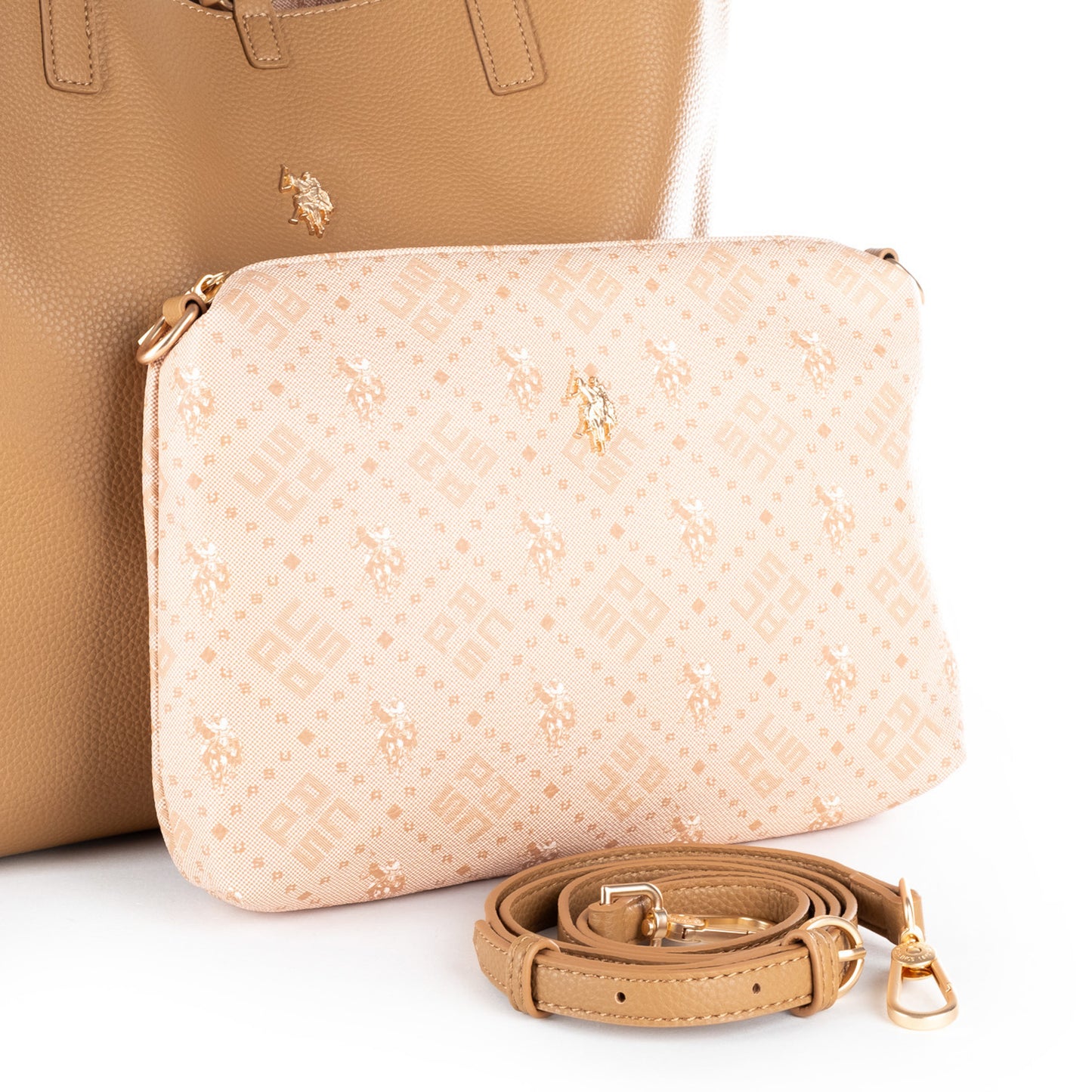 Bolsa Tote U.S. Polo Assn. Castanha com Bolsa Interior e Detalhes Dourados