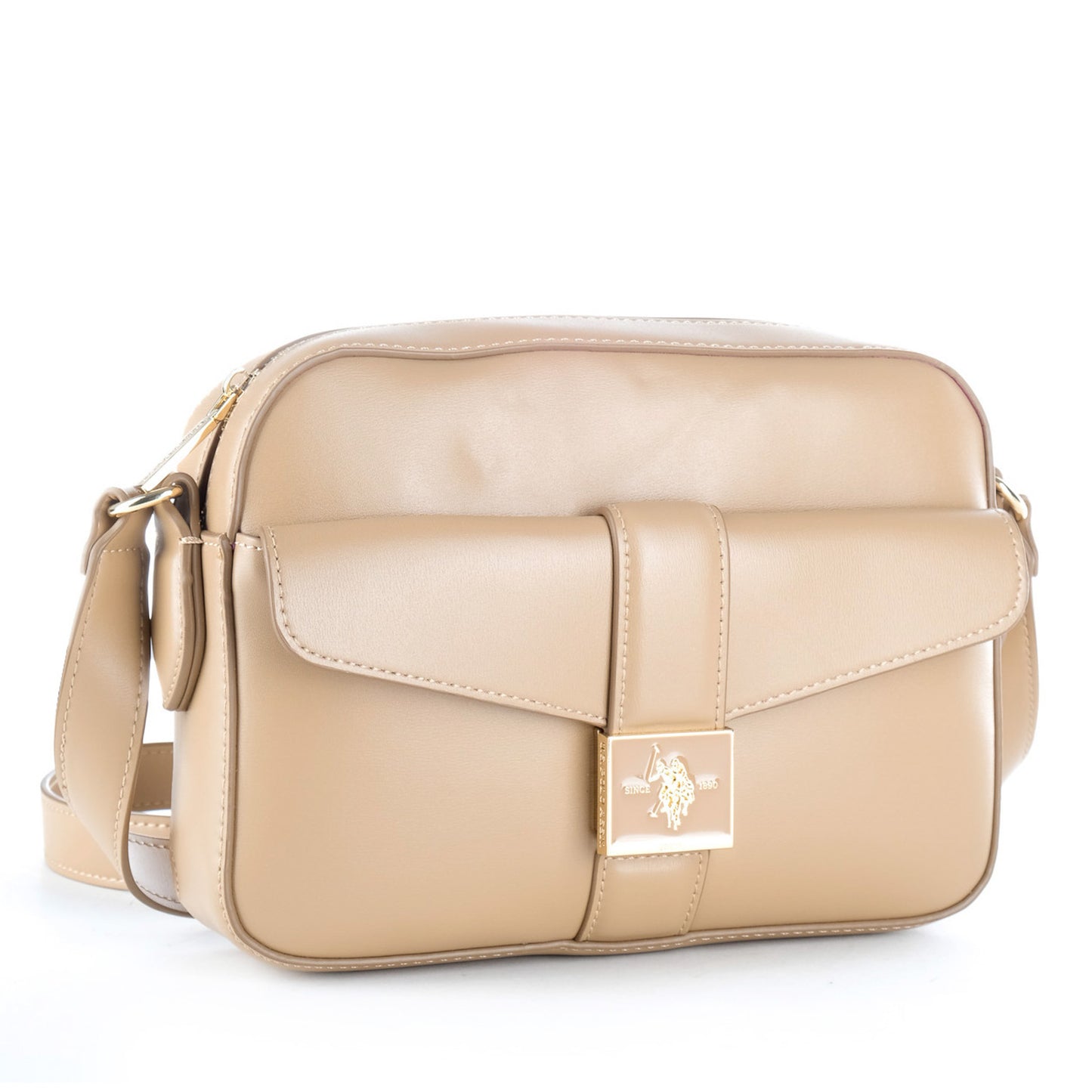 Bolsa Tiracolo U.S. Polo Assn. Bege com Aba Frontal e Logótipo Dourado