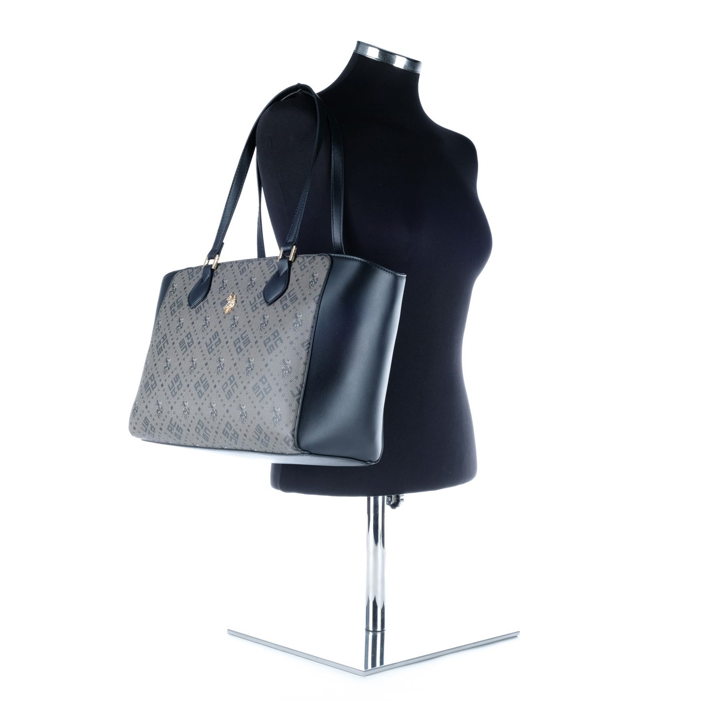 Bolsa Tote U.S. Polo Assn. Cinzenta e Preta com Padrão Monograma