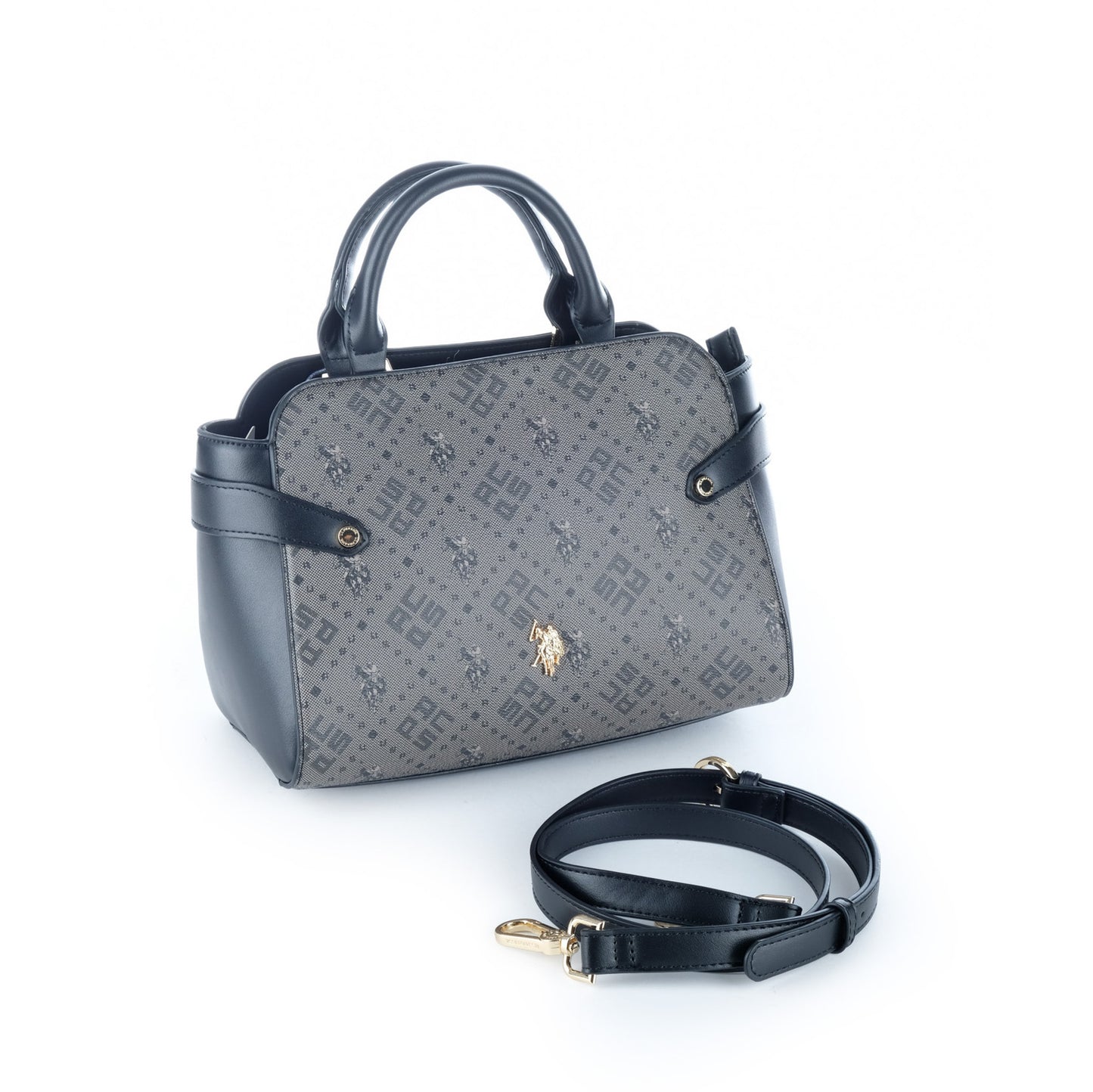 Bolsa Satchel U.S. Polo Assn. Cinzenta e Preta com Padrão Monograma