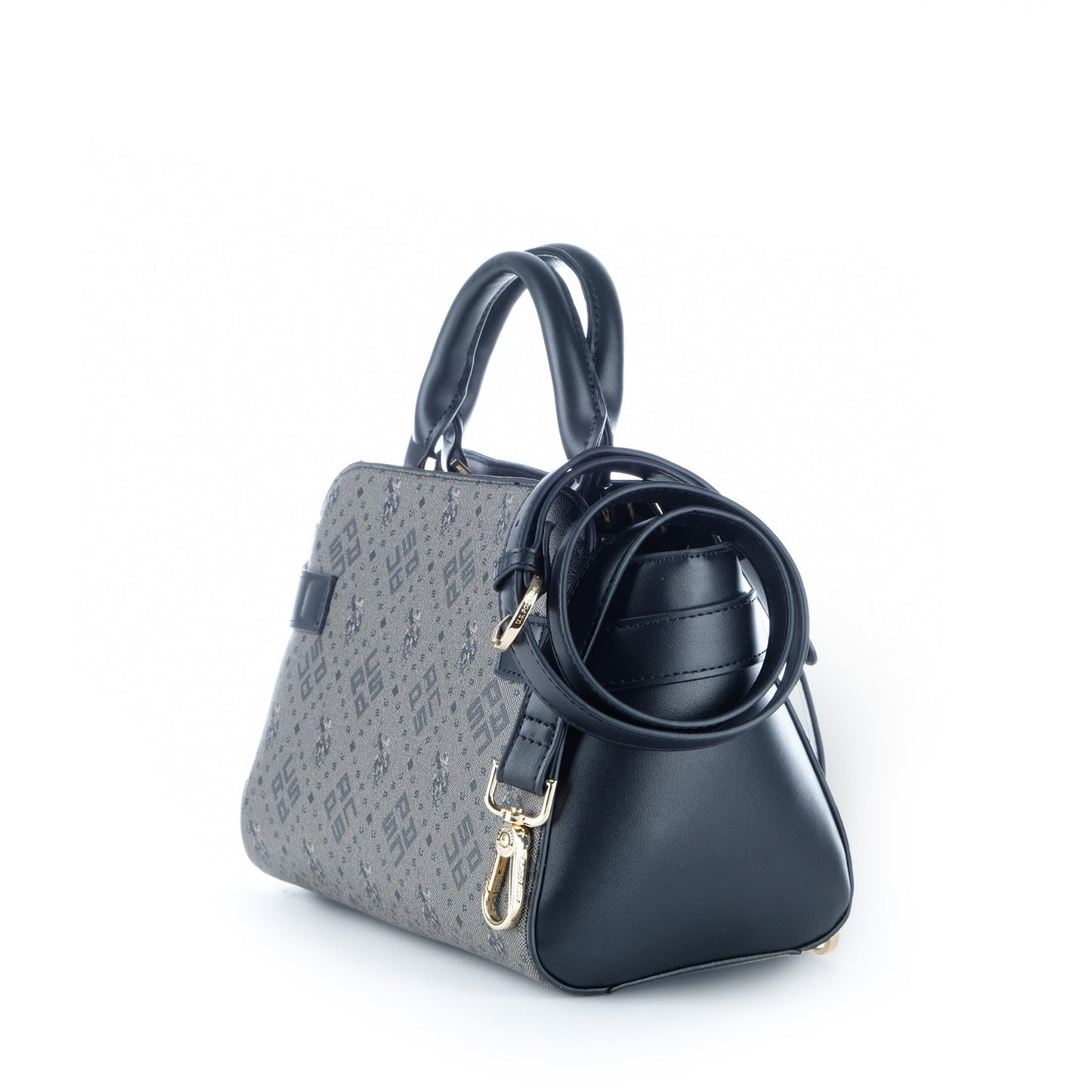Bolsa Satchel U.S. Polo Assn. Cinzenta e Preta com Padrão Monograma