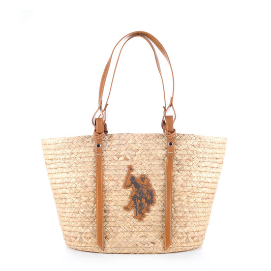 Bolsa Tote U.S. Polo Assn. Bege em Trançado com Alças Castanhas e Logótipo Frontal