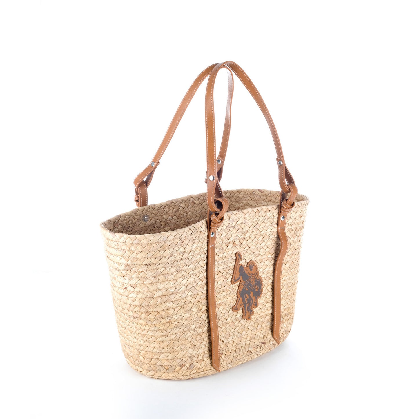 Bolsa Tote U.S. Polo Assn. Bege em Trançado com Alças Castanhas e Logótipo Frontal