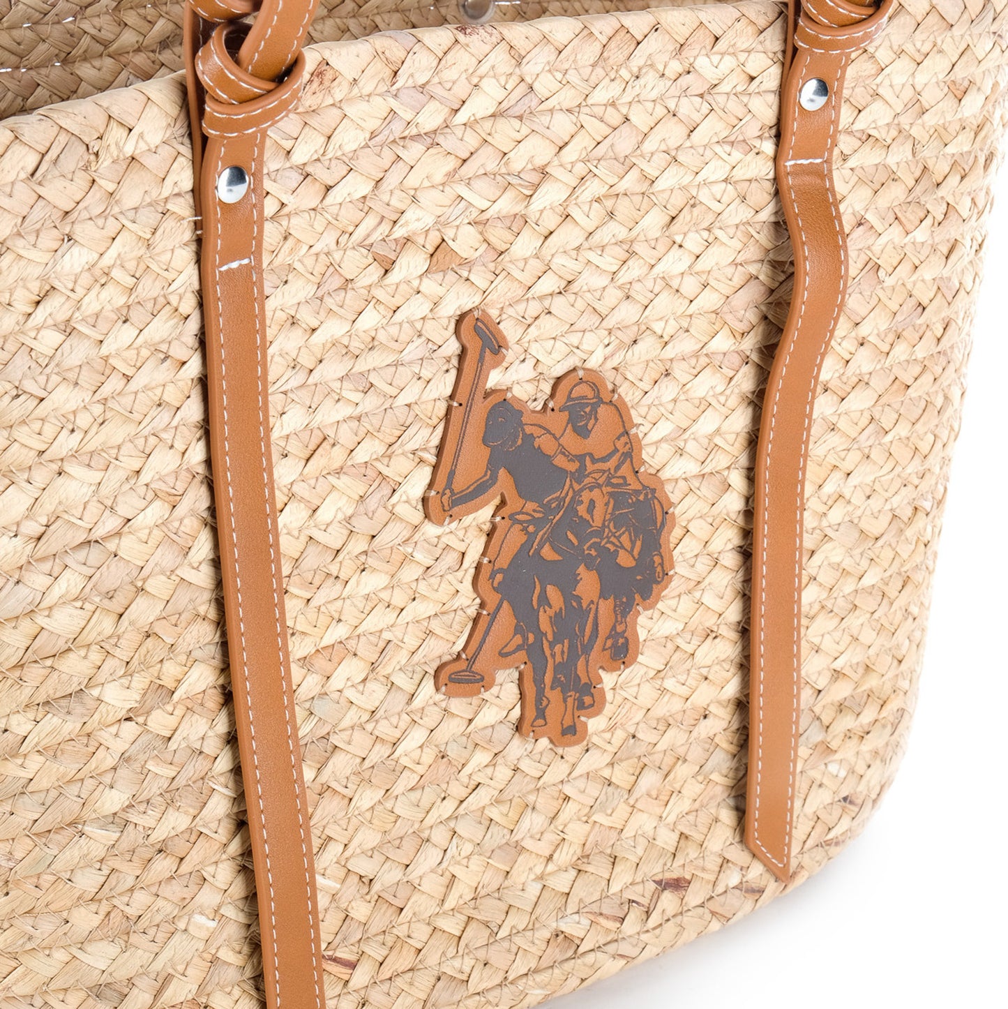 Bolsa Tote U.S. Polo Assn. Bege em Trançado com Alças Castanhas e Logótipo Frontal