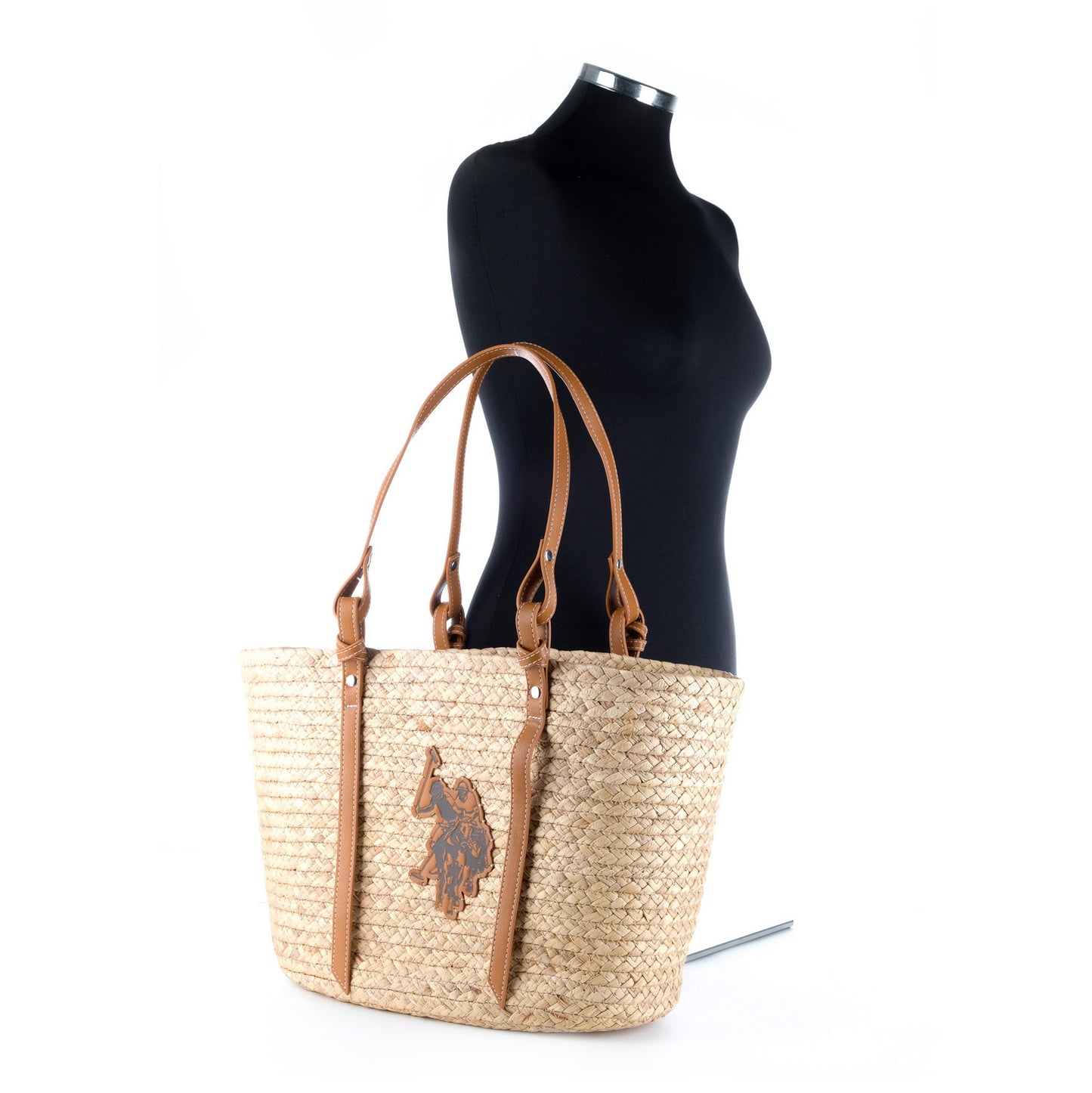Bolsa Tote U.S. Polo Assn. Bege em Trançado com Alças Castanhas e Logótipo Frontal