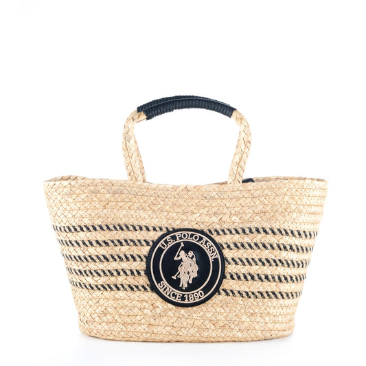 Bolsa Tote U.S. Polo Assn. Bege com Riscas Pretas e Logótipo