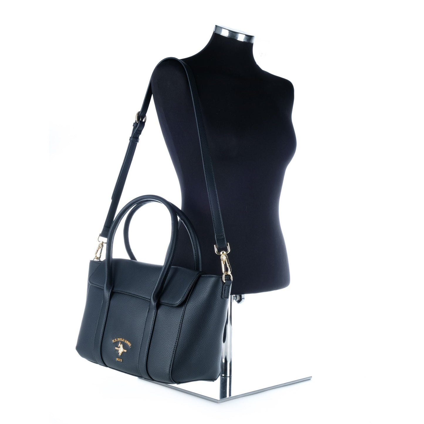 Bolsa Tote U.S. Polo Assn. Preta com Alças Duplas e Logótipo Dourado