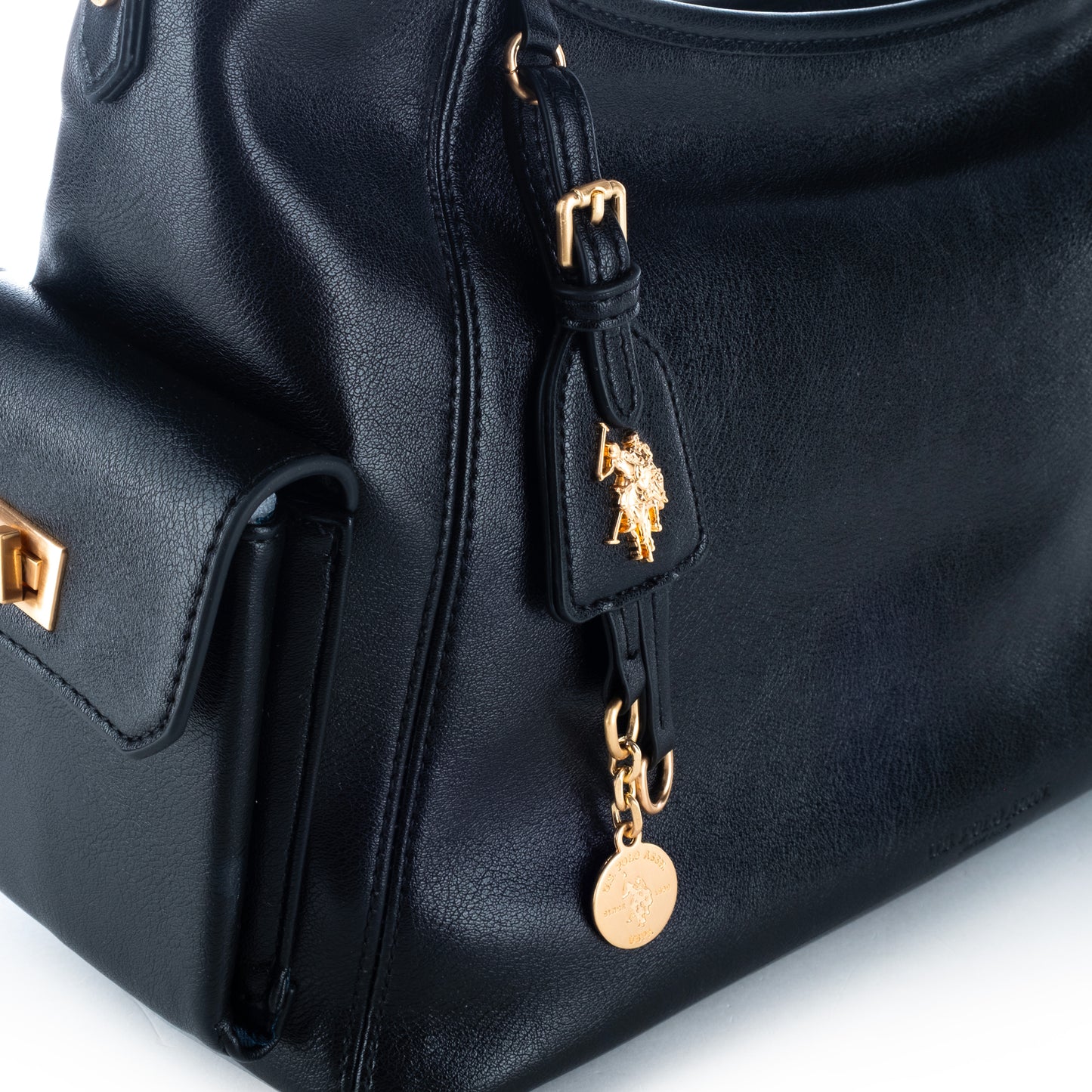 Bolsa de Ombro US Polo Preta Detalhes Dourados