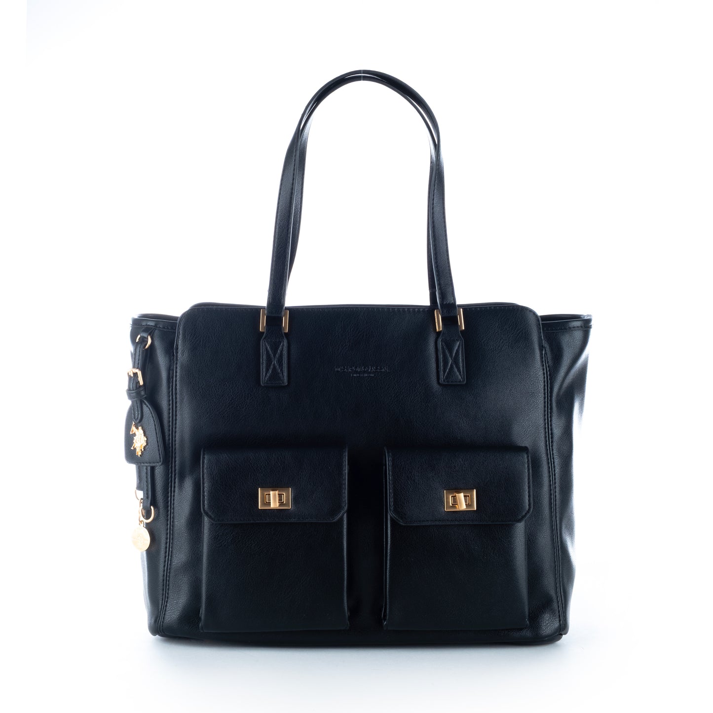Bolsa Satchel Us Polo Preta com Detalhes Dourados
