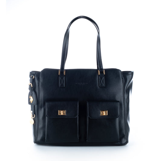 Bolsa Satchel Us Polo Preta com Detalhes Dourados