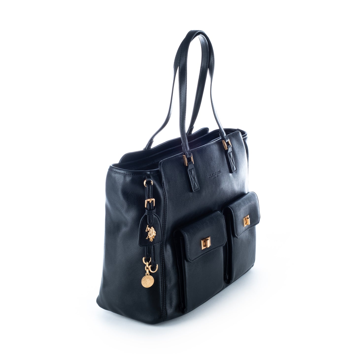 Bolsa Satchel Us Polo Preta com Detalhes Dourados
