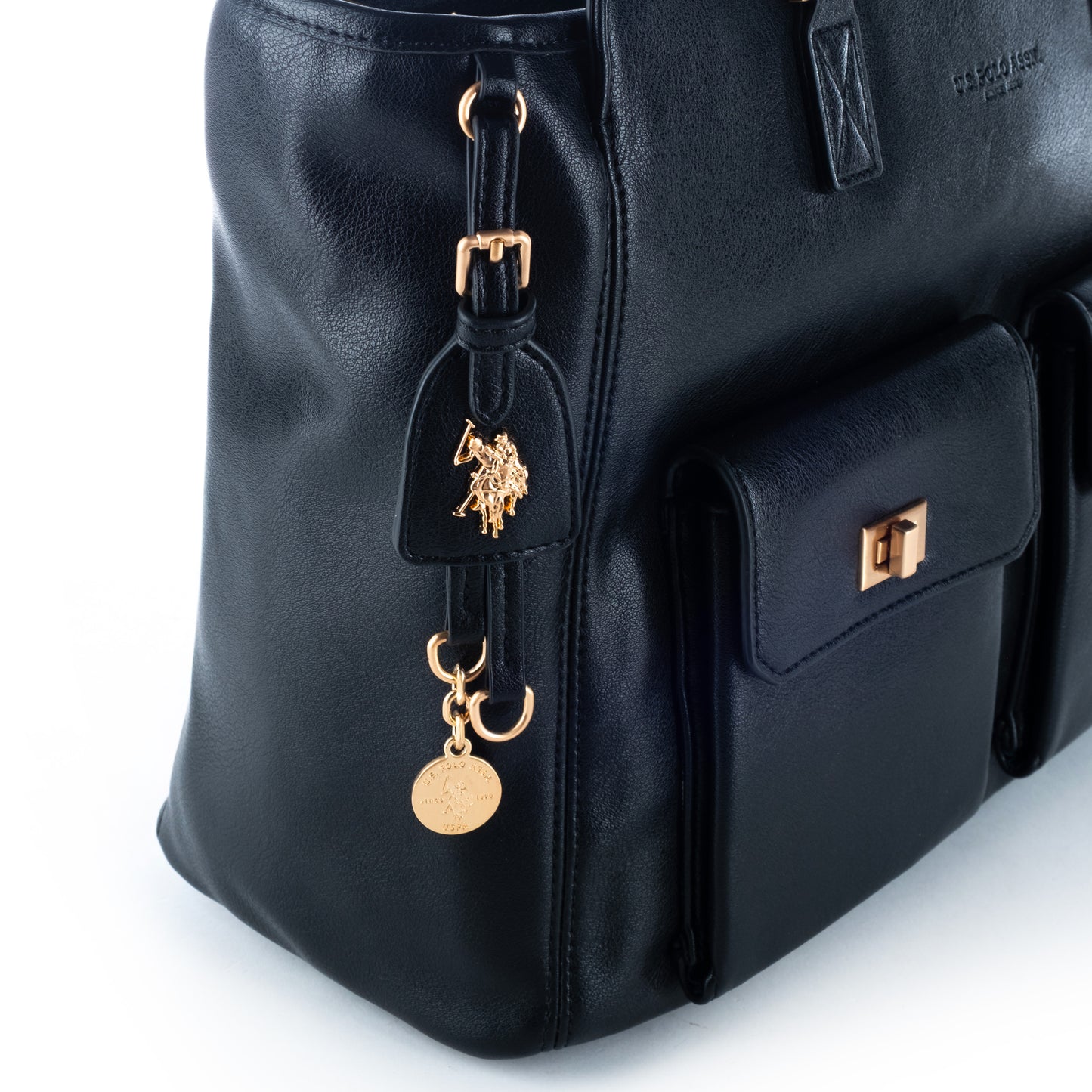 Bolsa Satchel Us Polo Preta com Detalhes Dourados