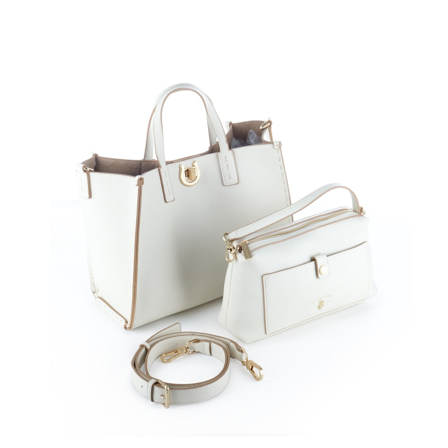 Bolsa Tote U.S. Polo Assn. Branca com Bolsa Complementar e Detalhes Dourados