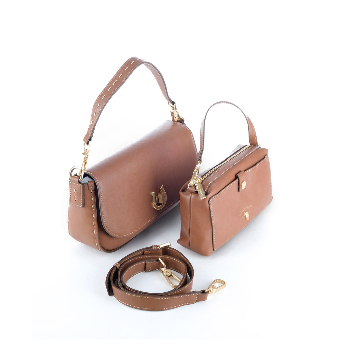 Bolsa Tiracolo U.S. Polo Assn. Castanha com Pala e Fivela Dourada