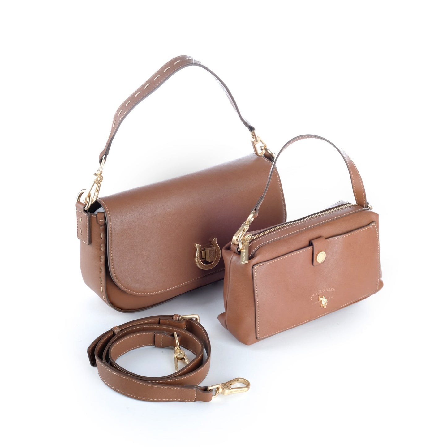 Bolsa Tiracolo U.S. Polo Assn. Castanha com Pala e Fivela Dourada